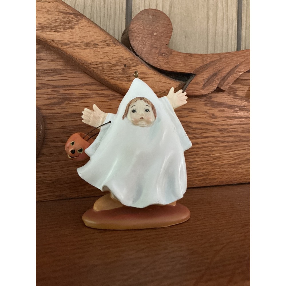 Vintage Style Halloween Ghost Child Ornament Figurine Trick or Treat Resin 3.5"
